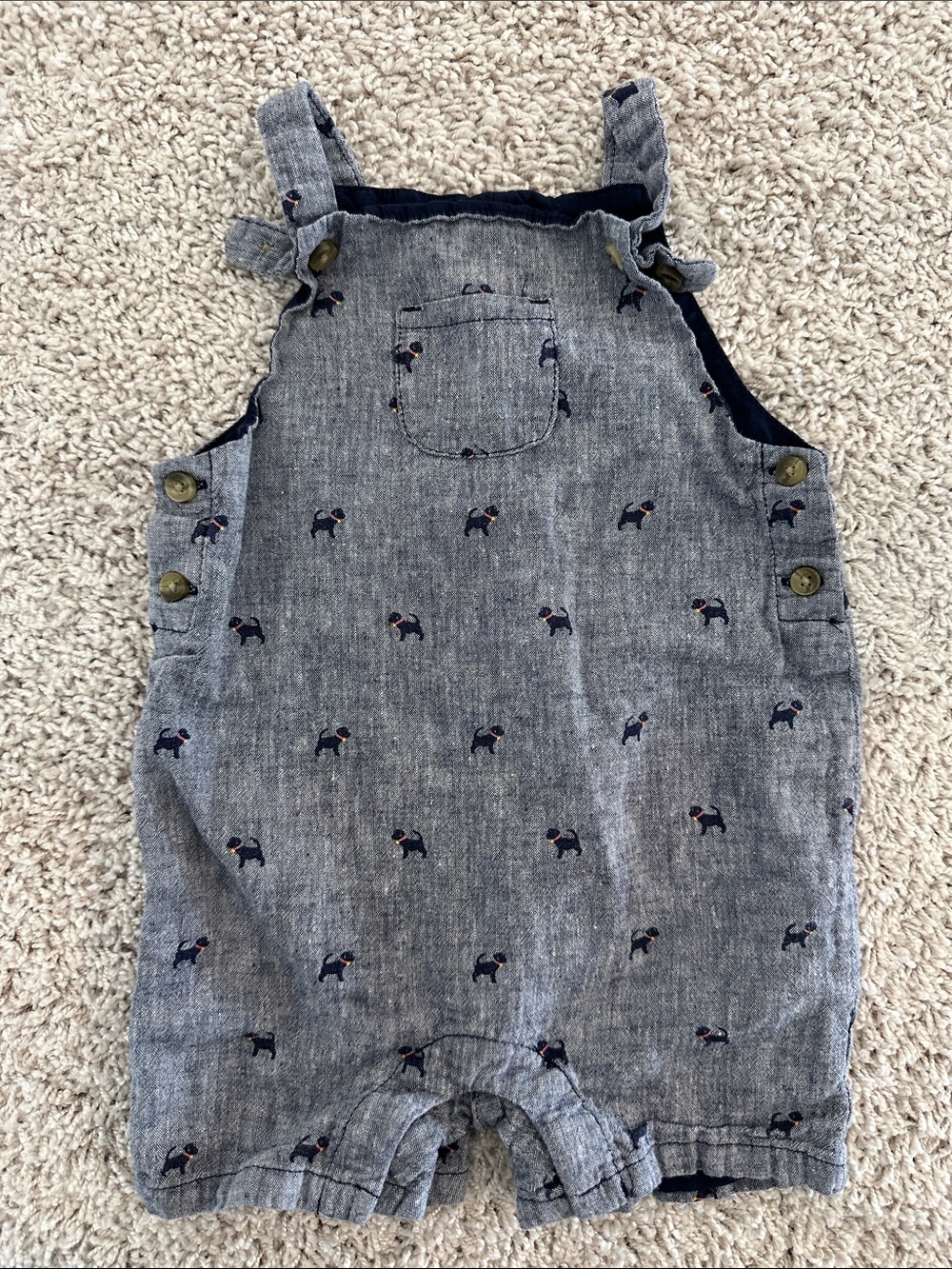 Janie and Jack Navy Chambray Short Overalls with Puppy Embroidery